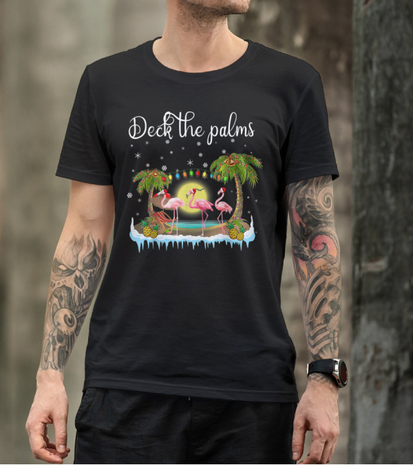 Deck The Palms Christmas Flamingo Under Tropical Lights T-Shirt