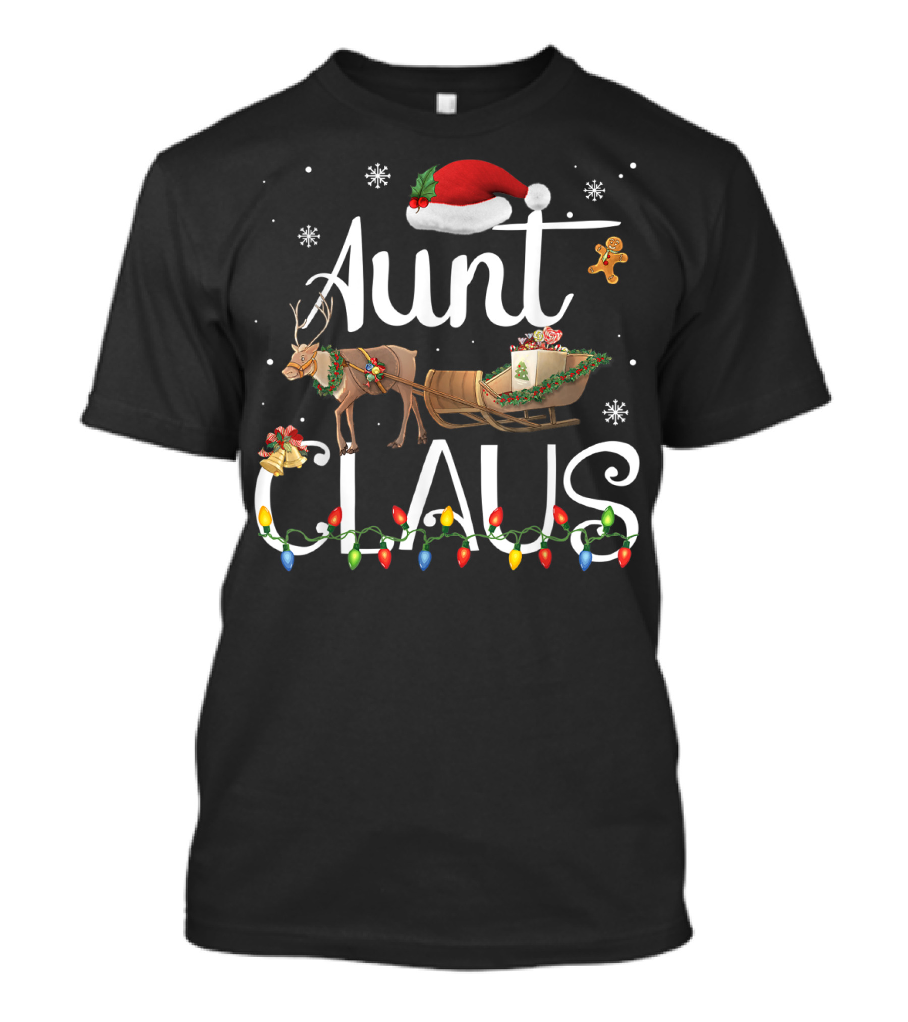 Aunt Claus Reindeer Santa Hat Gingerbread Lights Snowflakes T-Shirt