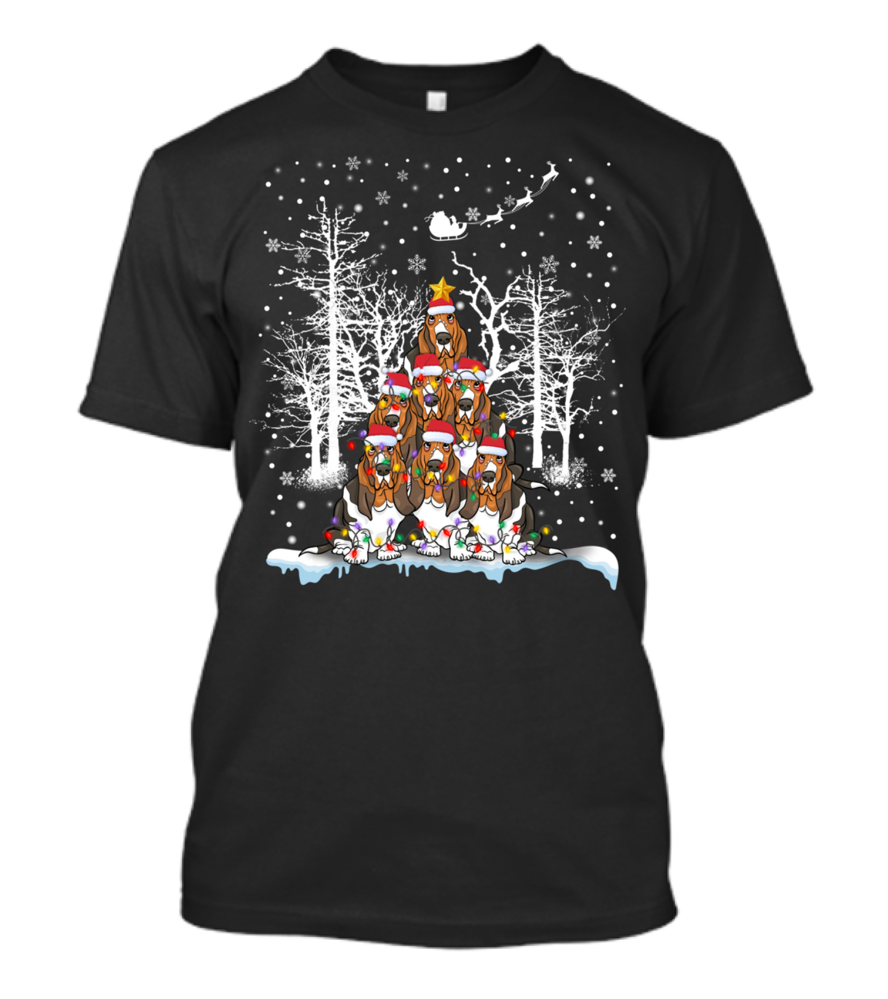 Basset Hound Christmas Tree Dog Lovers Santa Sleigh Snowy Night T-Shirt