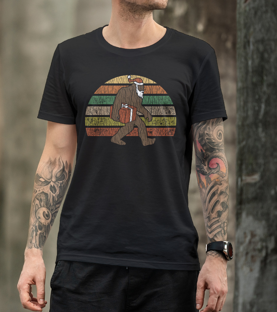 Bigfoot Santa Christmas Sasquatch Retro Stripes Holiday Gift T-Shirt