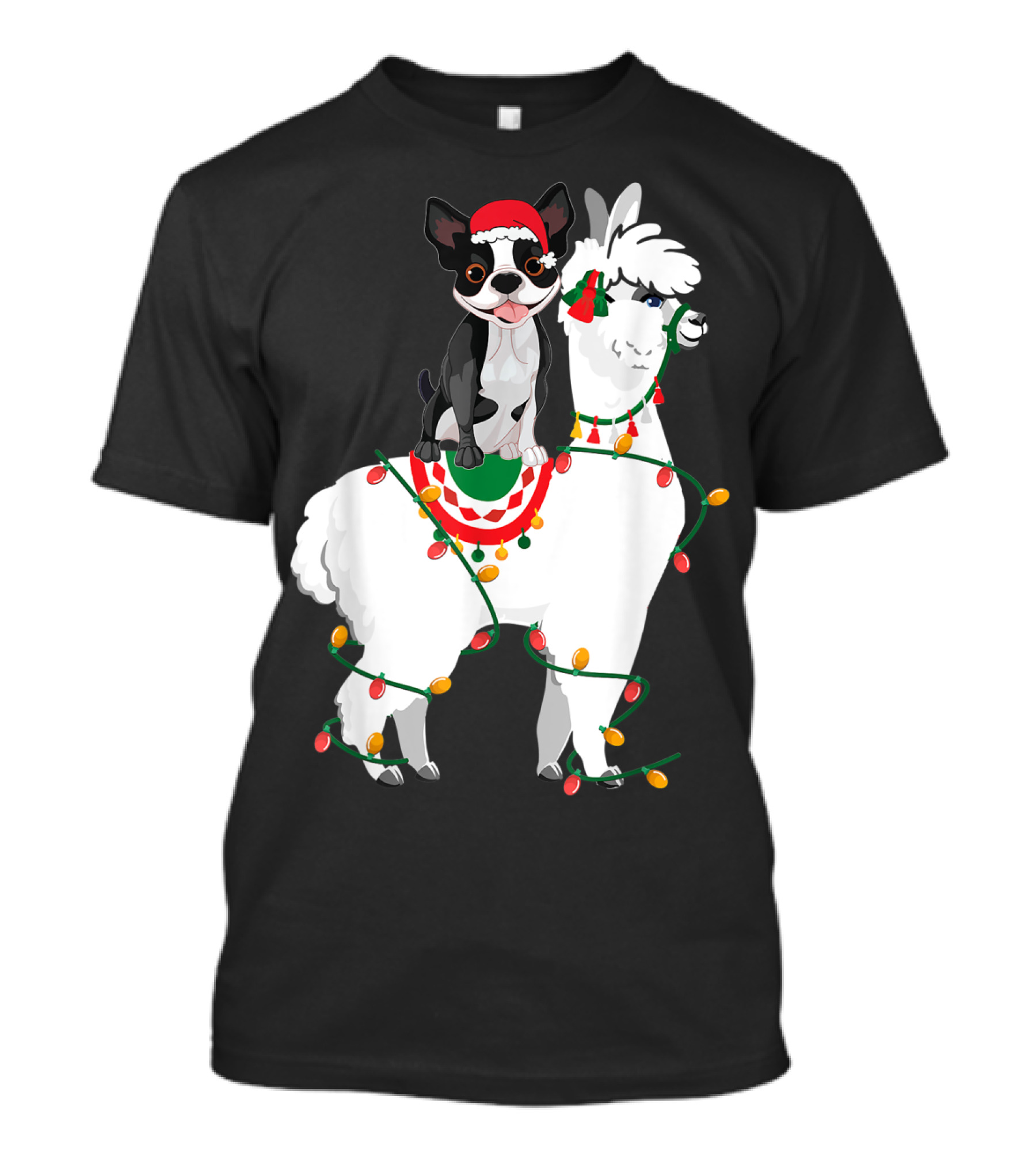 Boston Terrier In Santa Hat On Llama Wrapped In Christmas Lights T-Shirt
