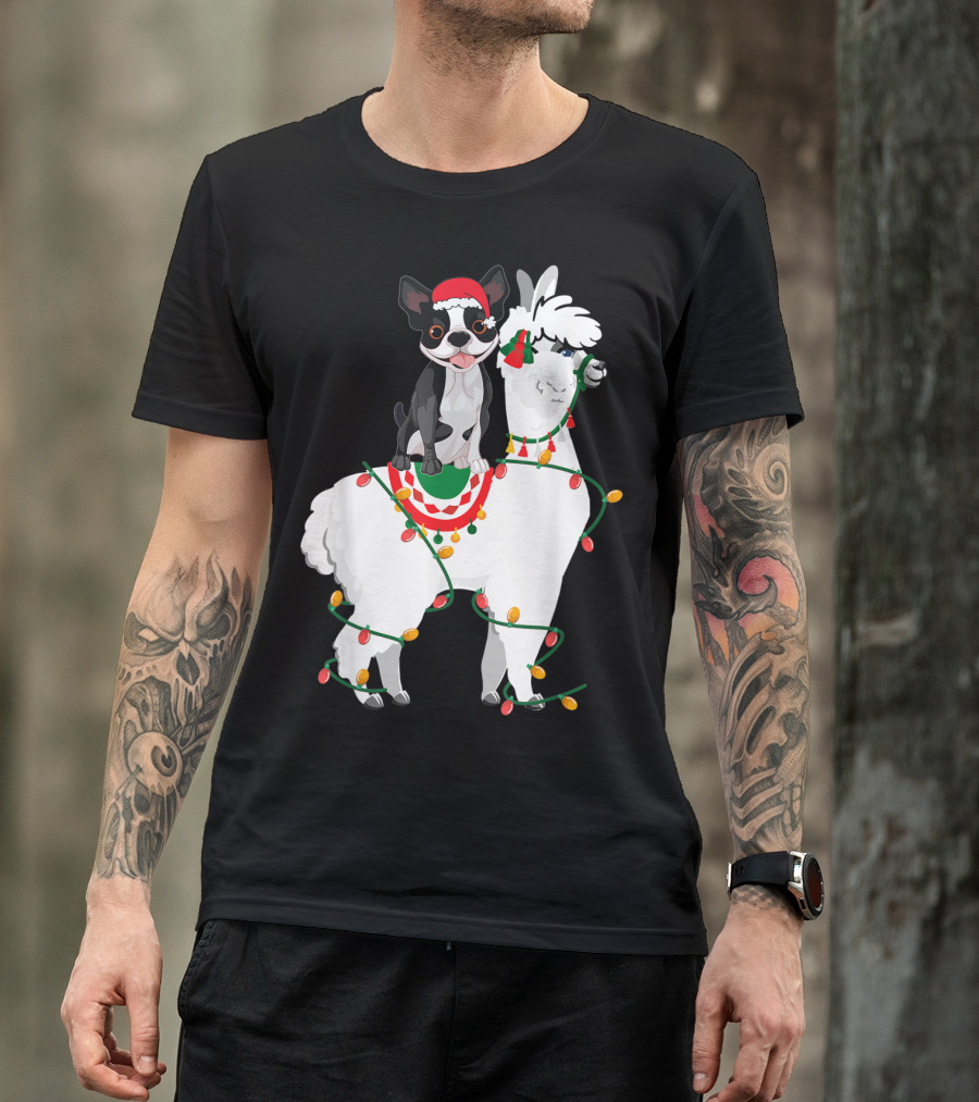 Boston Terrier In Santa Hat On Llama Wrapped In Christmas Lights T-Shirt