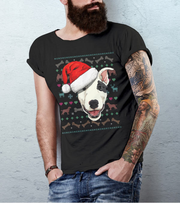 Bull Terrier Santa Hat Ugly Christmas T-Shirt