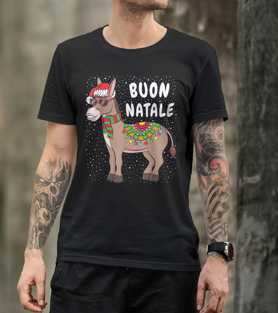 Buon Natale Donkey With Santa Hat And Scarf Christmas Lights T-Shirt