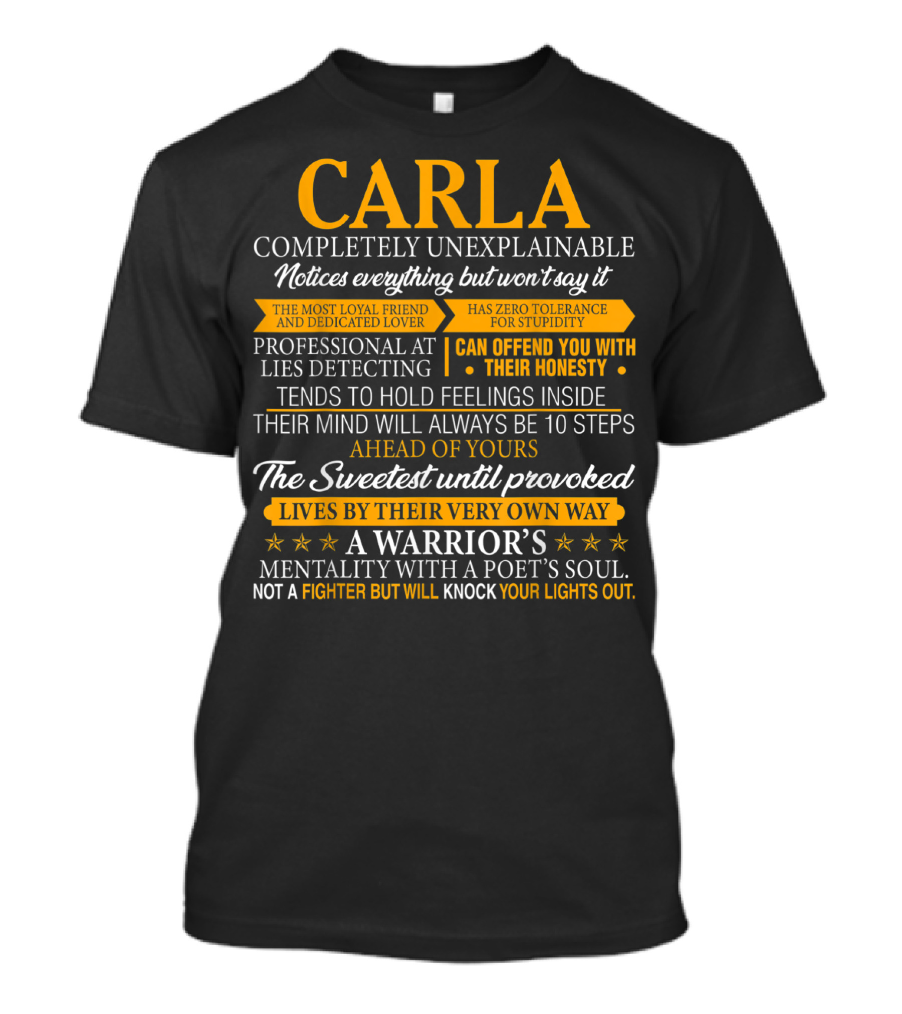 CARLA Completely Unexplainable Notices Everything Professional Lies Detecting Warrior's Mentality Poet's Soul T-Shirt