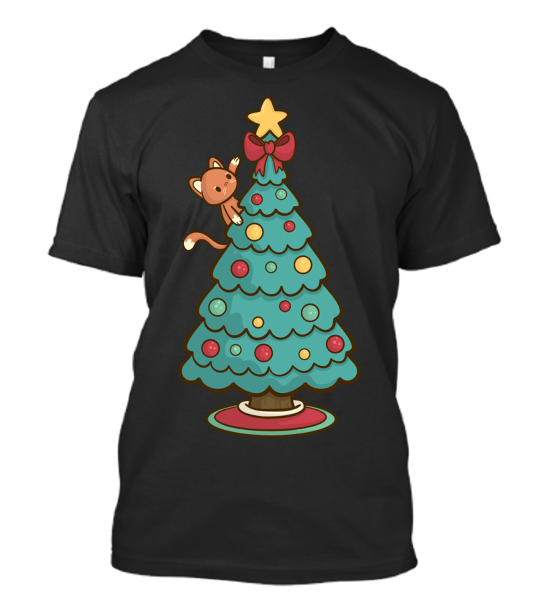 Cat Climbing Christmas Tree Cute Kitten Santa Holiday Festive Fun T-Shirt