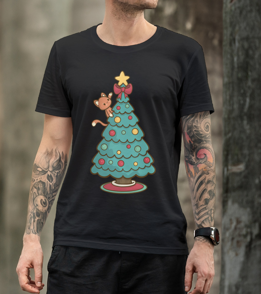 Cat Climbing Christmas Tree Cute Kitten Santa Holiday Festive Fun T-Shirt