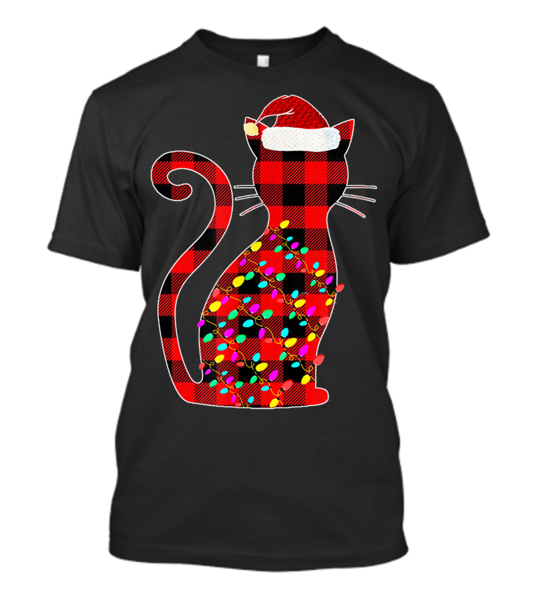 Cat Red Plaid Family Christmas Lights Santa Hat T-Shirt
