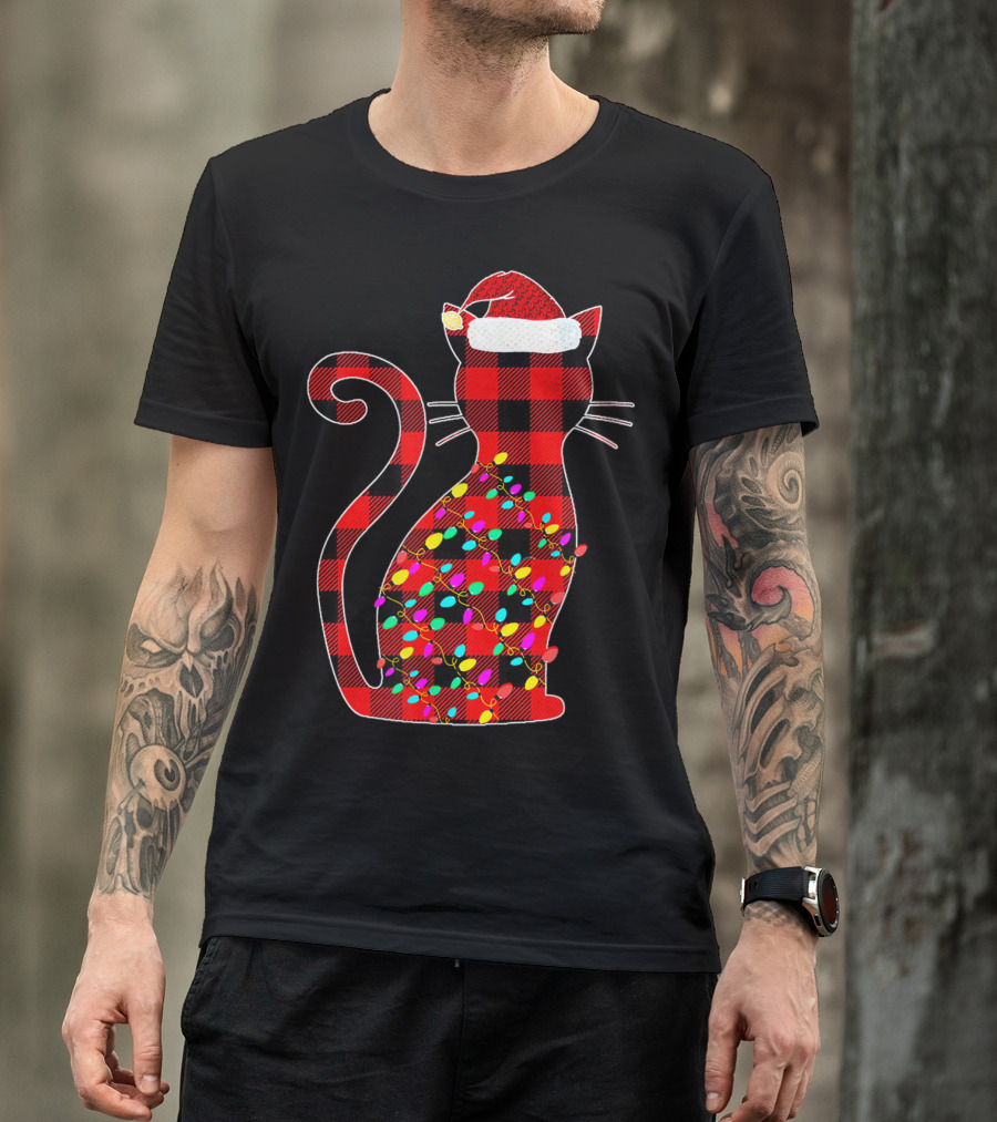 Cat Red Plaid Family Christmas Lights Santa Hat T-Shirt