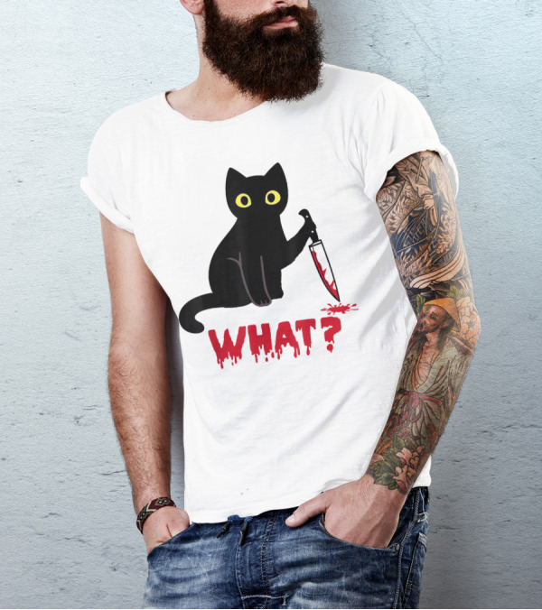 Funny Black Cat What Murderous Cat With Knife T-Shirt