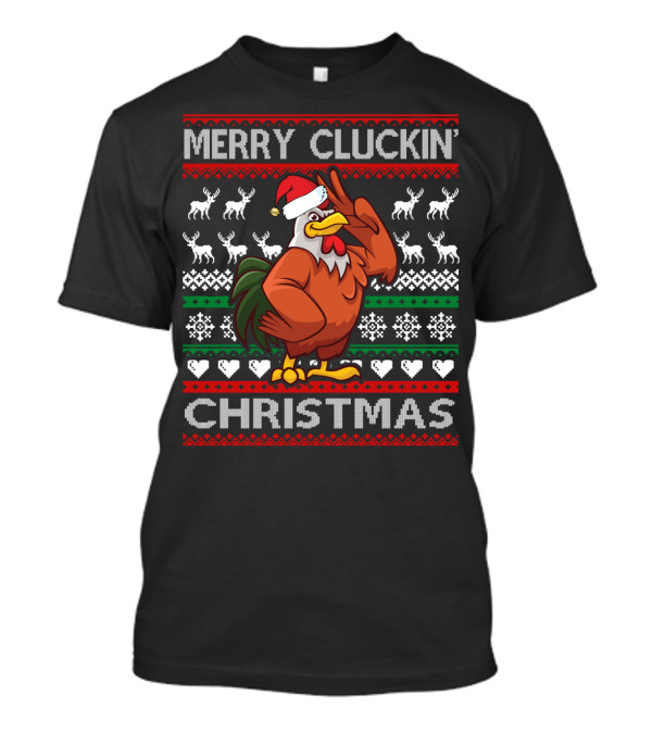 Merry Cluckin' Christmas Chicken With Santa Hat And Festive Reindeer T-Shirt