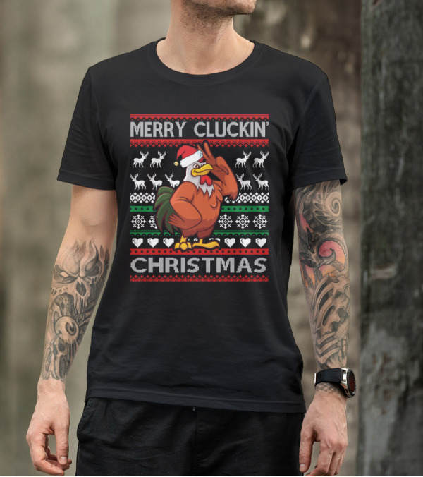 Merry Cluckin' Christmas Chicken With Santa Hat And Festive Reindeer T-Shirt