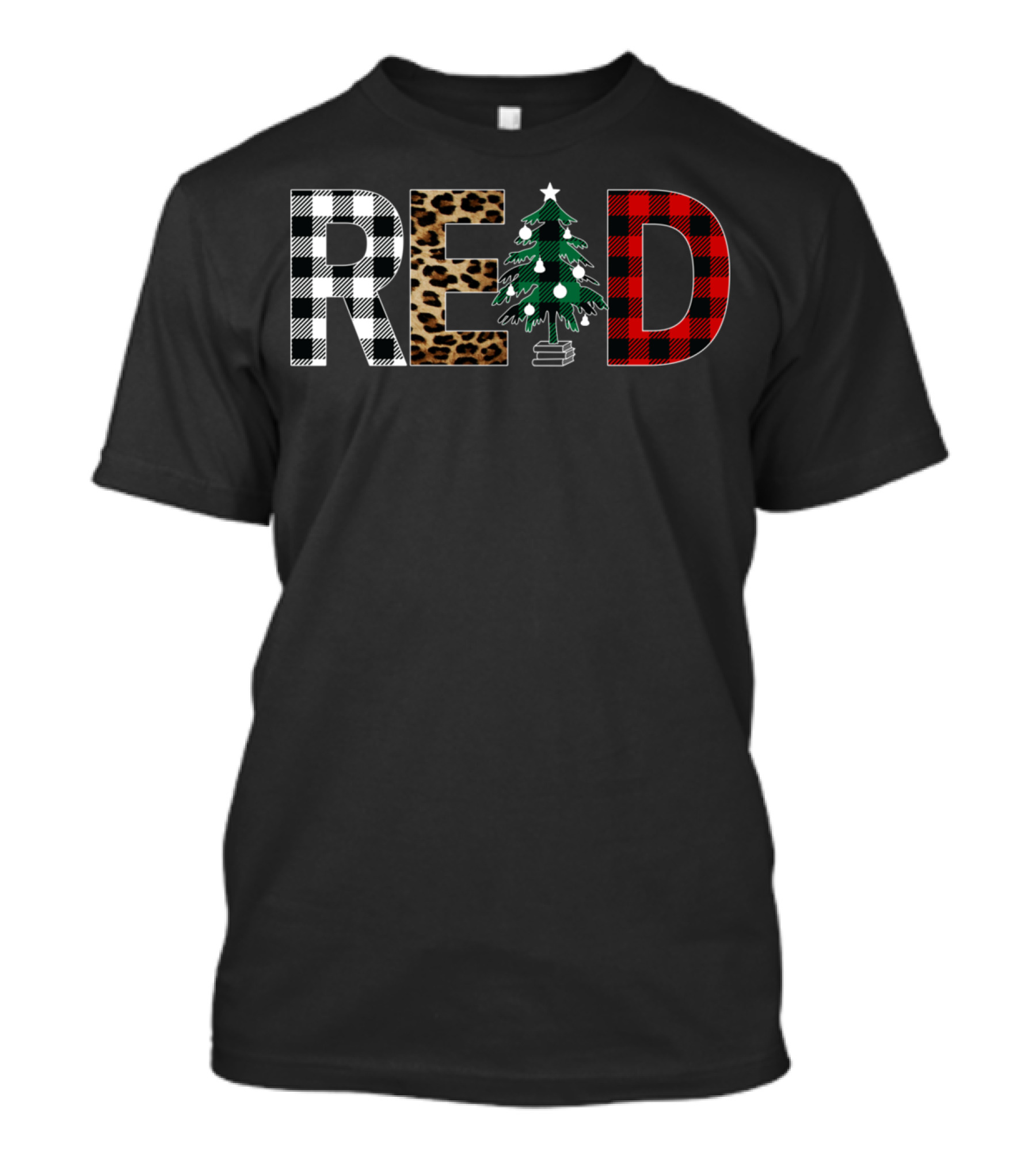Christmas Plaid Leopard Read With Tree And Books T-Shirt