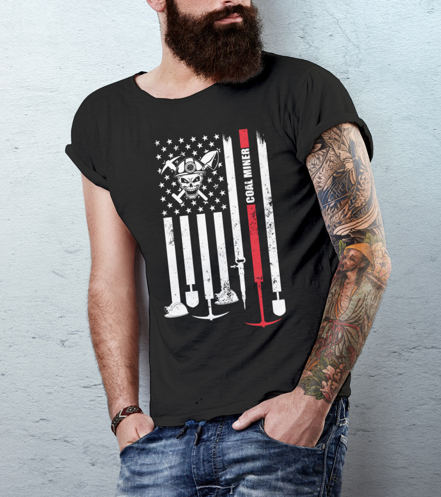 American Flag Skull Pickaxe Coal Miner T-Shirt