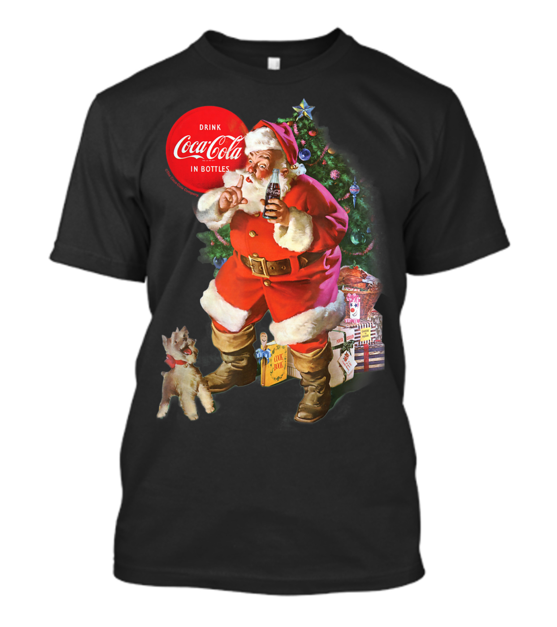 Drink Coca-Cola In Bottles Christmas Santa Claus With Puppy And Tree T-Shirt