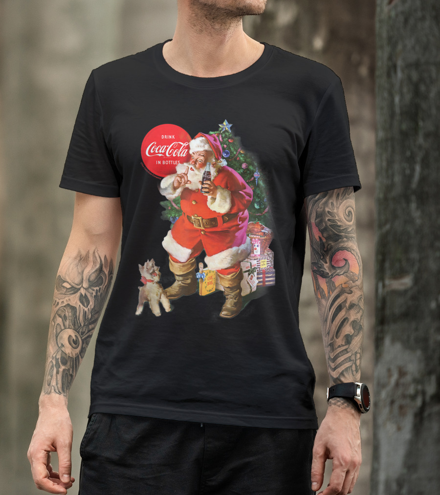 Drink Coca-Cola In Bottles Christmas Santa Claus With Puppy And Tree T-Shirt