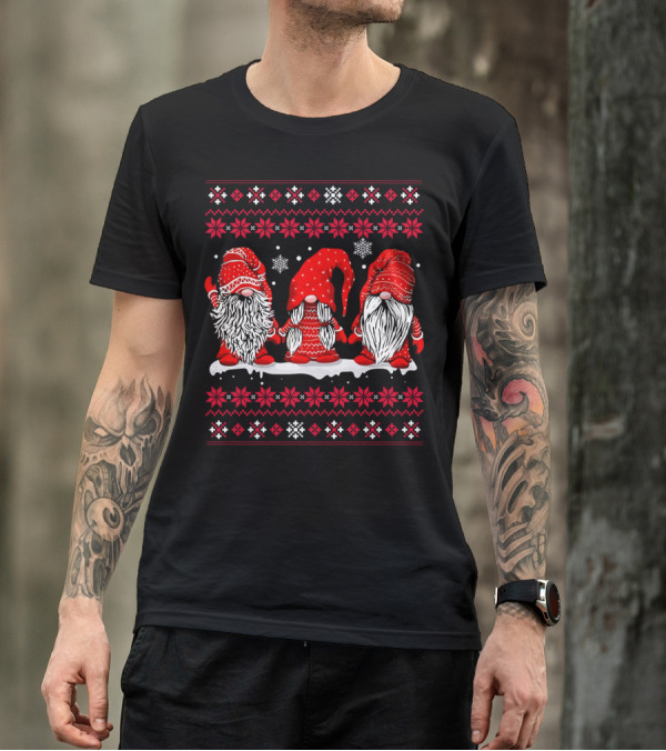 Cute Three Gnomes Red Winter Holiday T-Shirt