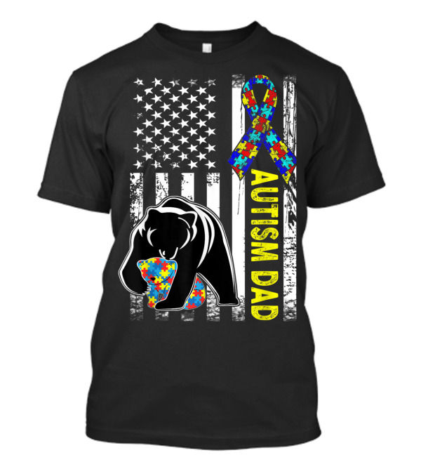 Autism Dad Bear Puzzle Flag Ribbon Awareness T-Shirt