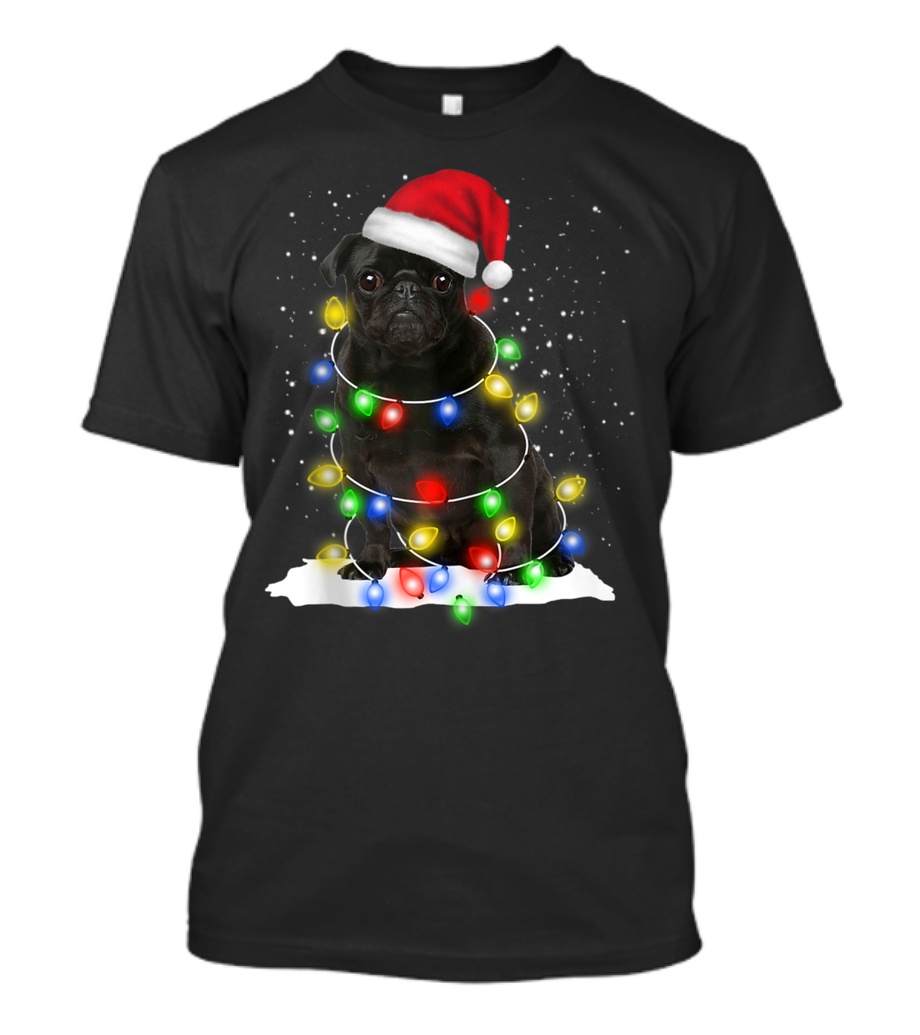 Dog Lover Christmas Pug Santa Hat And Fairy Lights T-Shirt