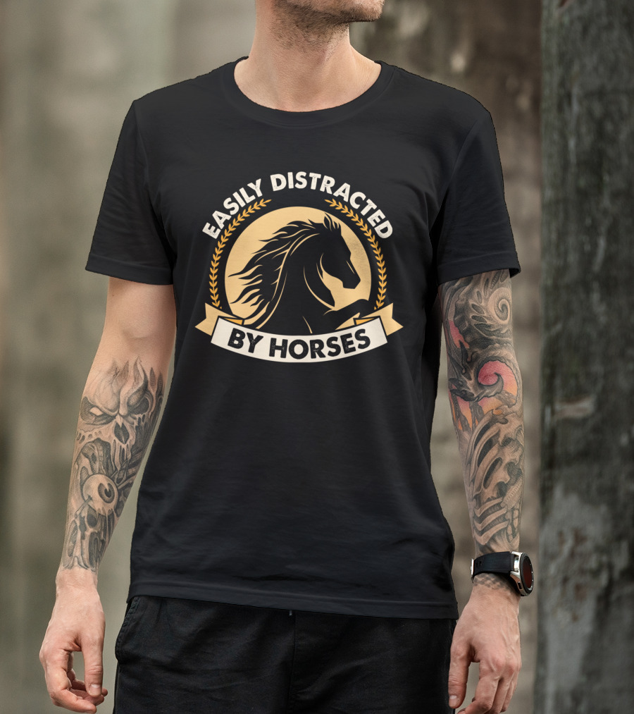 Easily Distracted By Horses Silhouette With Laurel Wreath T-Shirt