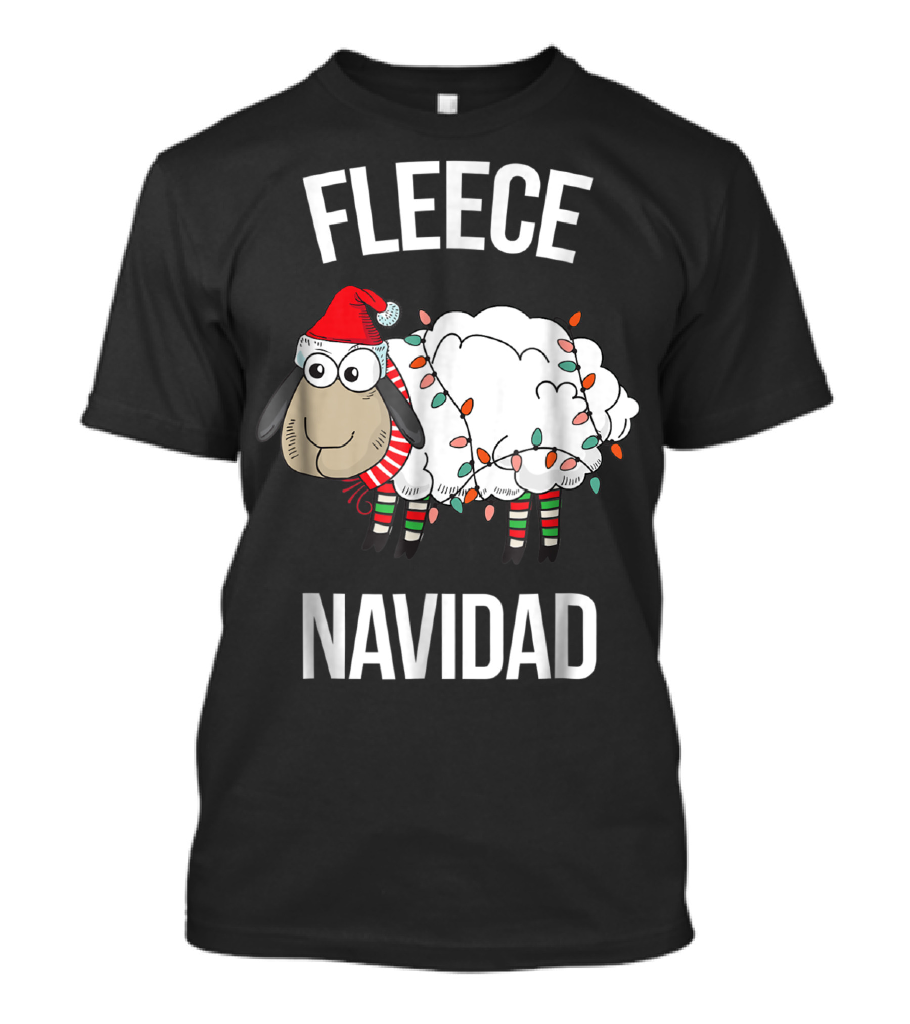 Fleece Navidad Funny Christmas Sheep Lamb Santa Hat Lights T-Shirt