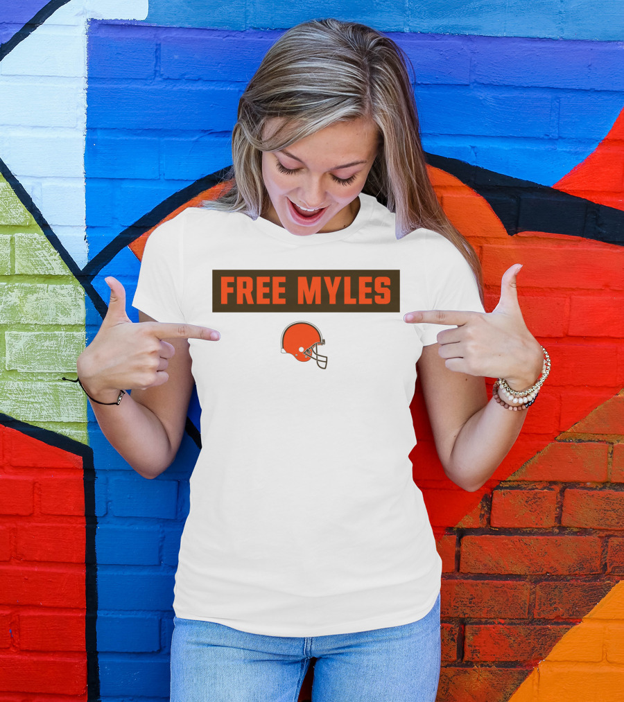 FREE MYLES Orange Helmet Browns Football T-Shirt