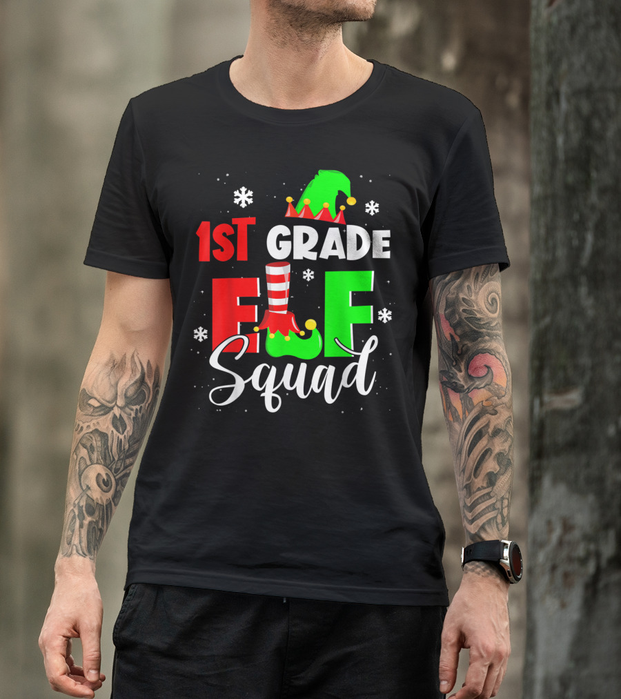 1st Grade Elf Squad Funny Elementary Teacher Christmas Snowflakes Holiday T-Shirt