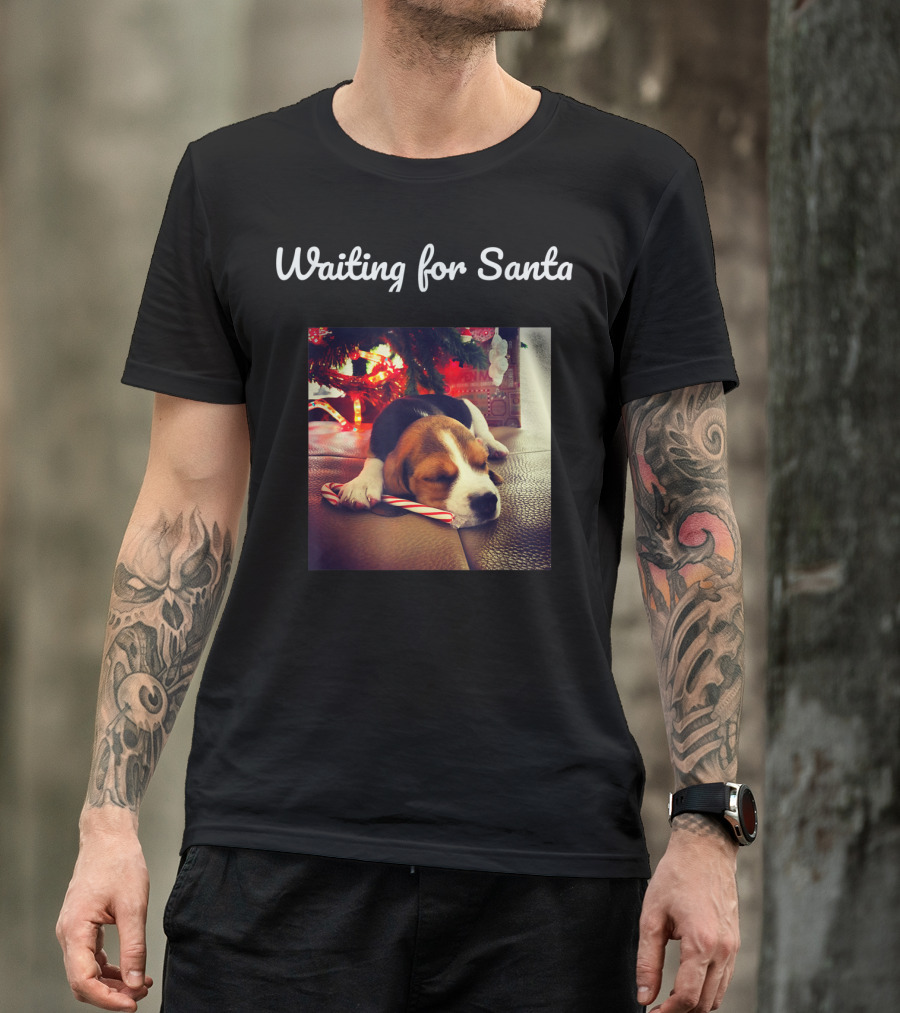 Waiting For Santa Christmas Cute Dog With Candy Cane T-Shirt