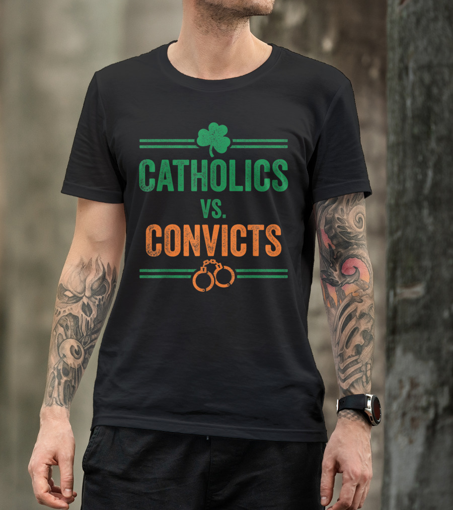 Catholics Vs Convicts Vintage Shamrock Handcuffs Iconic Matchup T-Shirt