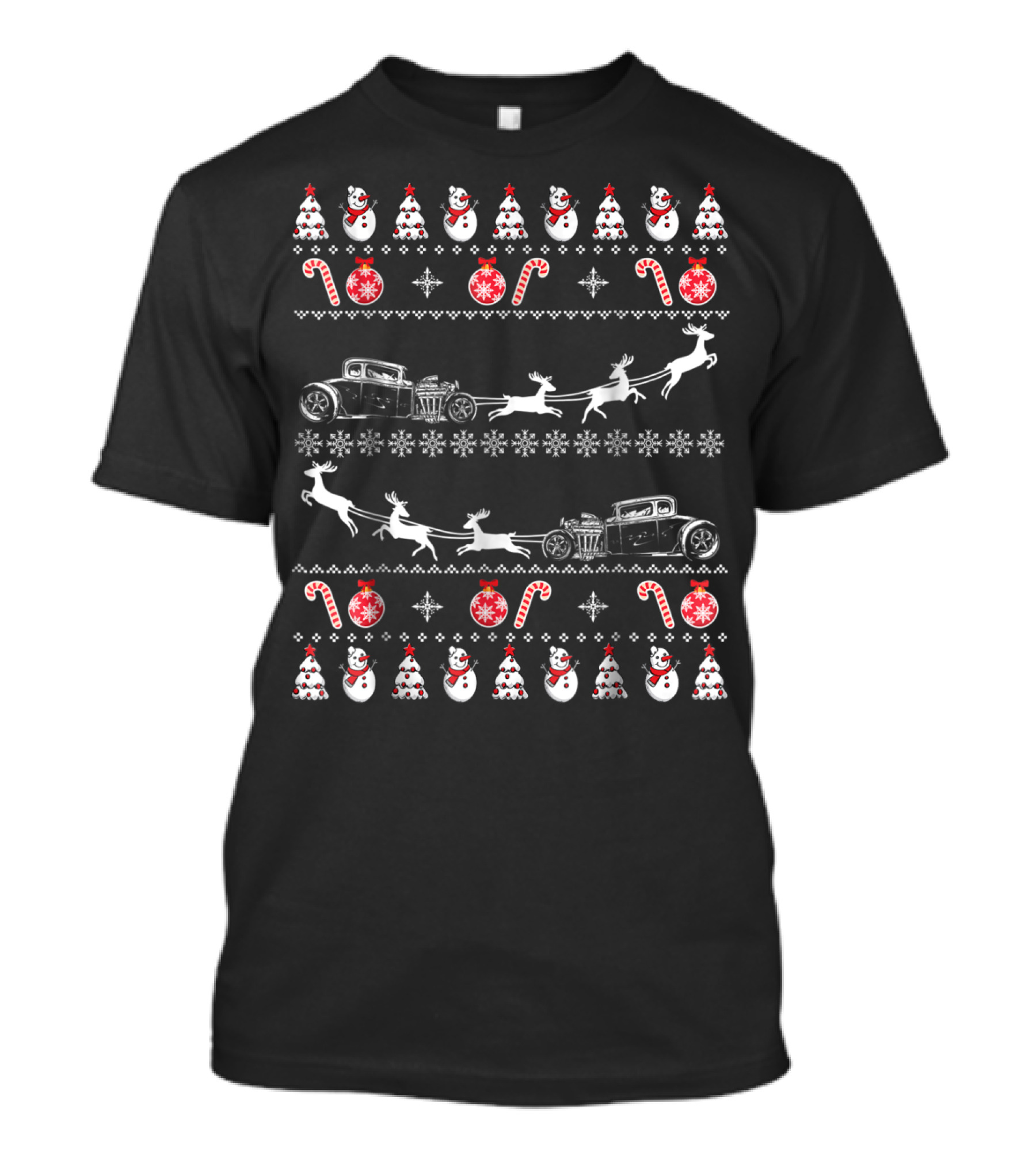 Classic Car Reindeer Holiday Snowman Candy Cane Christmas T-Shirt