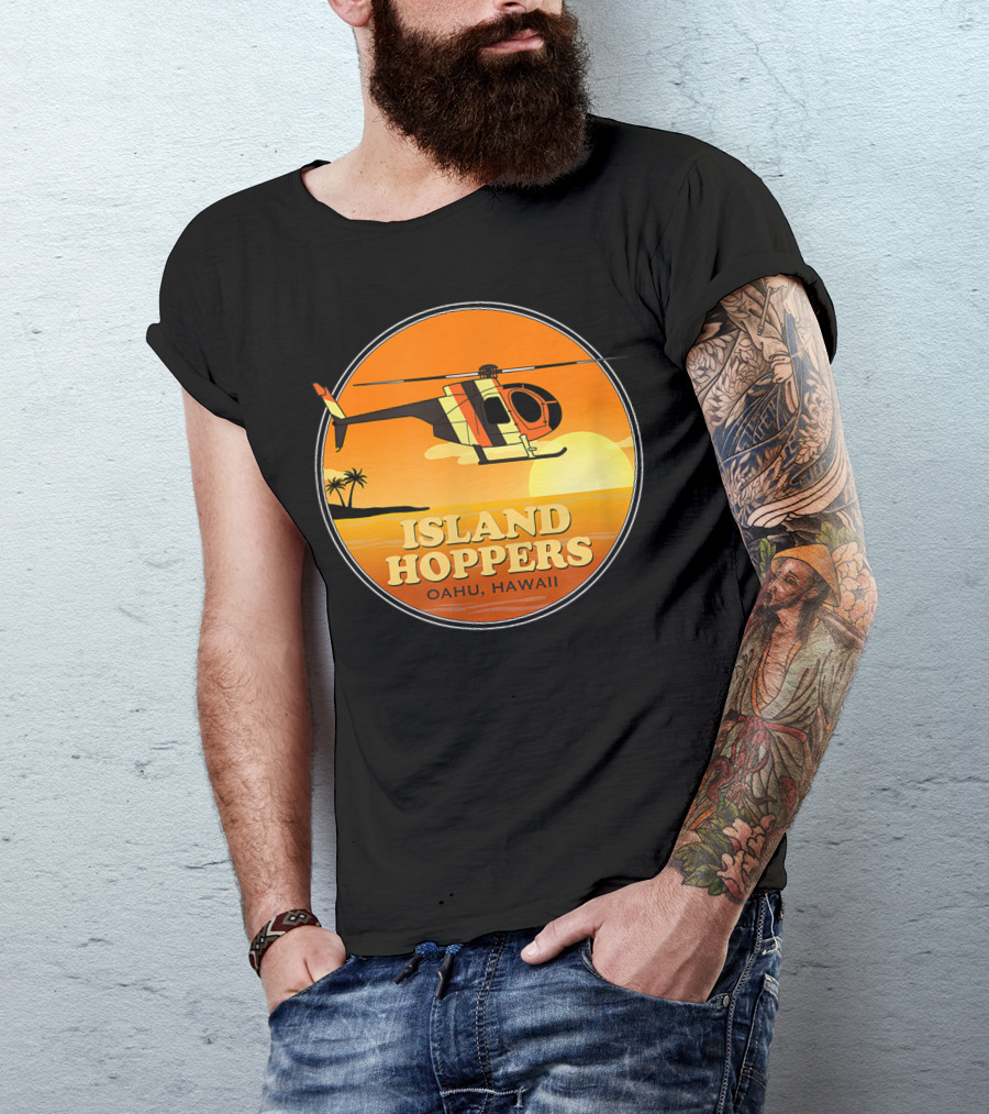 Island Hoppers Oahu Hawaii Classic 80'S TV Helicopter Sunset T-Shirt