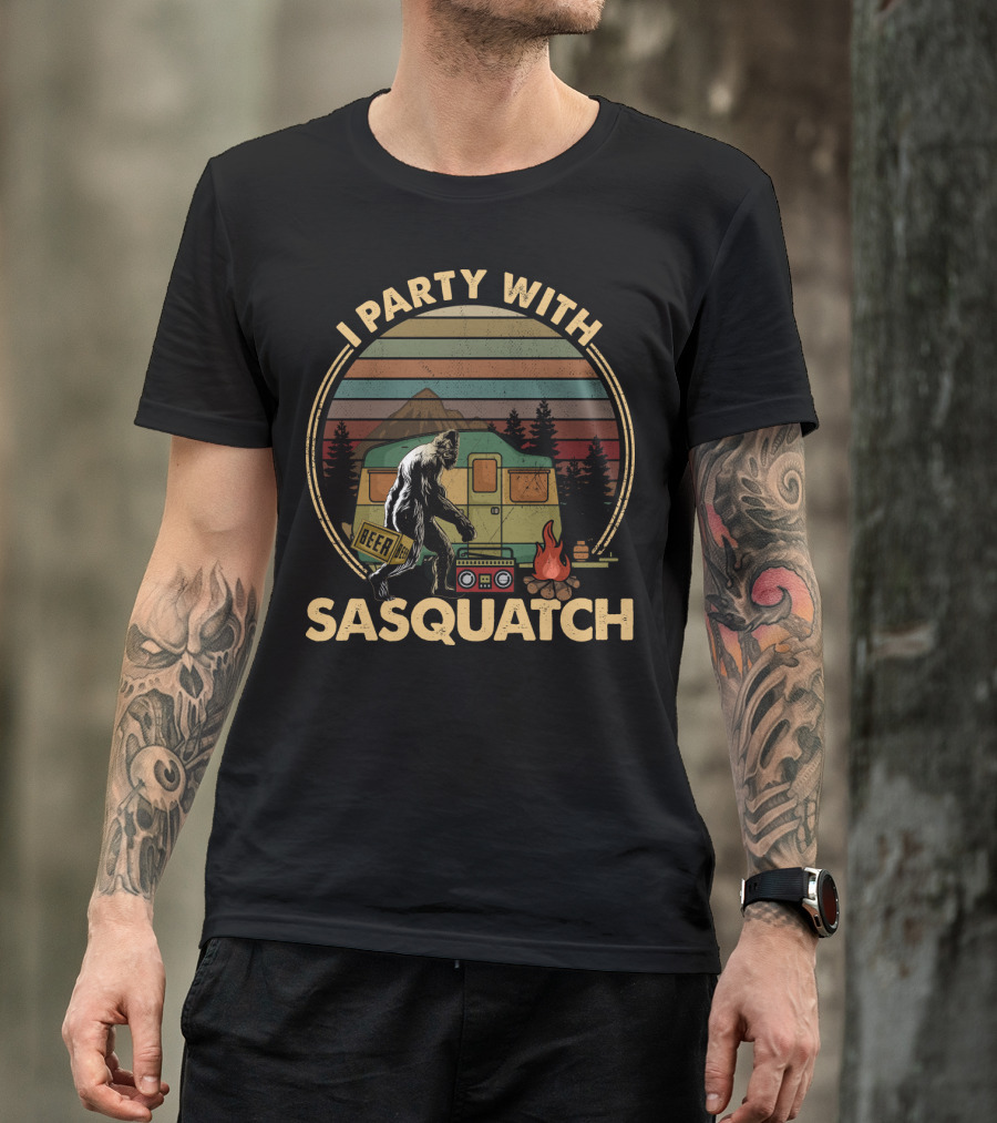 I Party With Sasquatch Beer Campfire Retro Camper Boombox T-Shirt