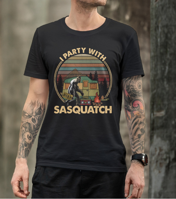 I Party With Sasquatch Beer Campfire Retro Camper Boombox T-Shirt