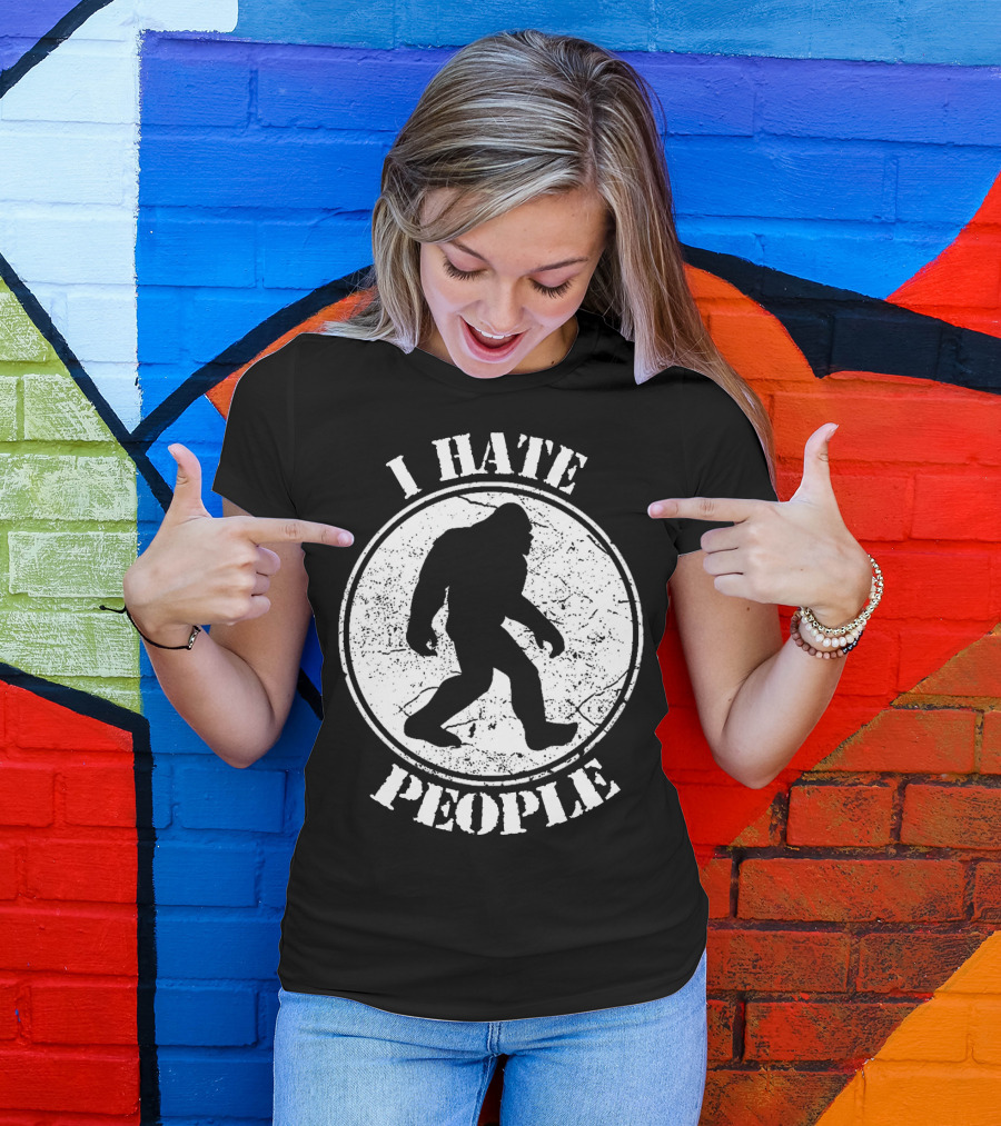 I Hate People Bigfoot Silhouette Walking In Circle T-Shirt