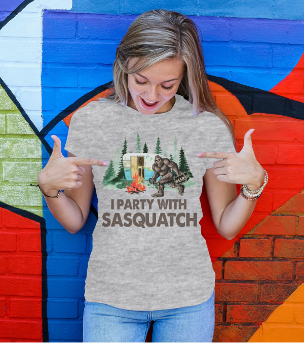Beer I Party With Sasquatch Camper Fire Forest Scene T-Shirt