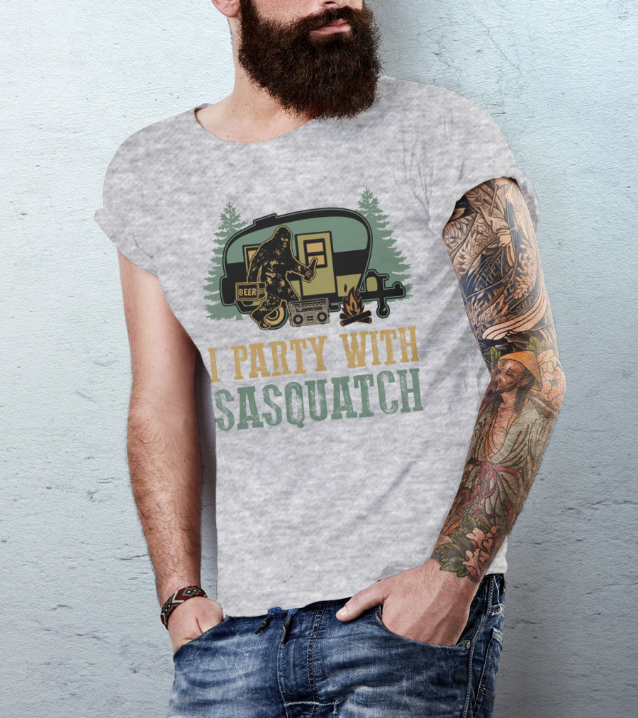 I Party With Sasquatch Beer Campfire Boombox Trailer Adventure T-Shirt