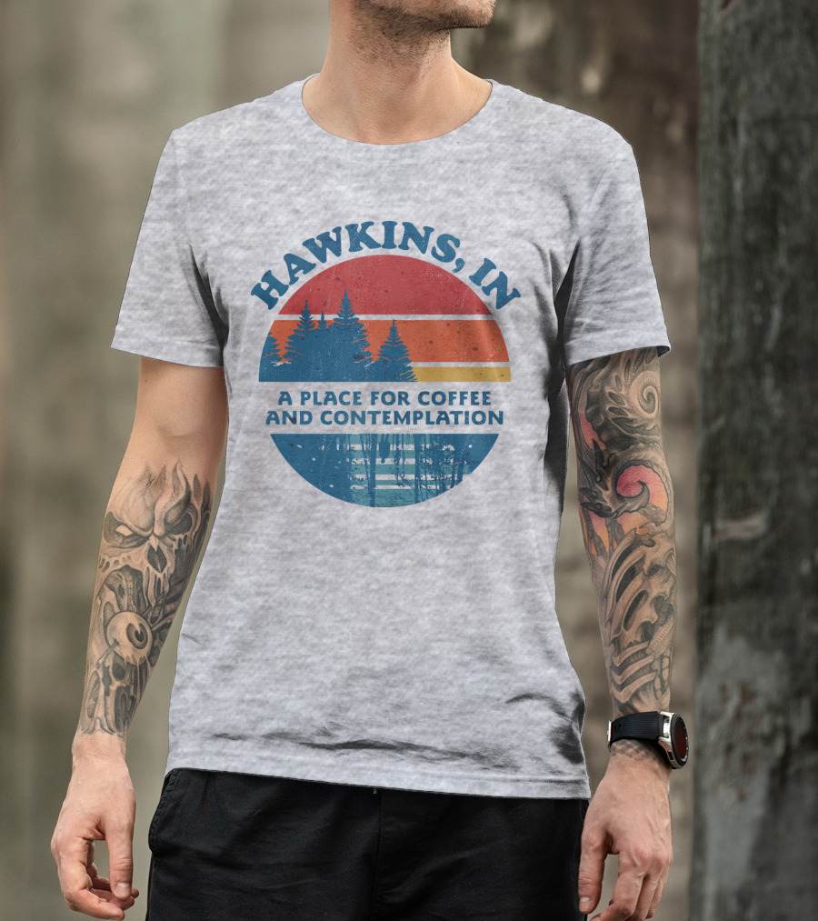 HAWKINS, IN A Place For Coffee And Contemplation Vintage Forest Sunset Circle T-Shirt