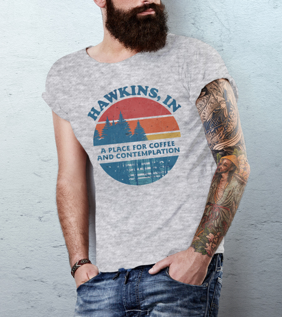 HAWKINS, IN A Place For Coffee And Contemplation Vintage Forest Sunset Circle T-Shirt