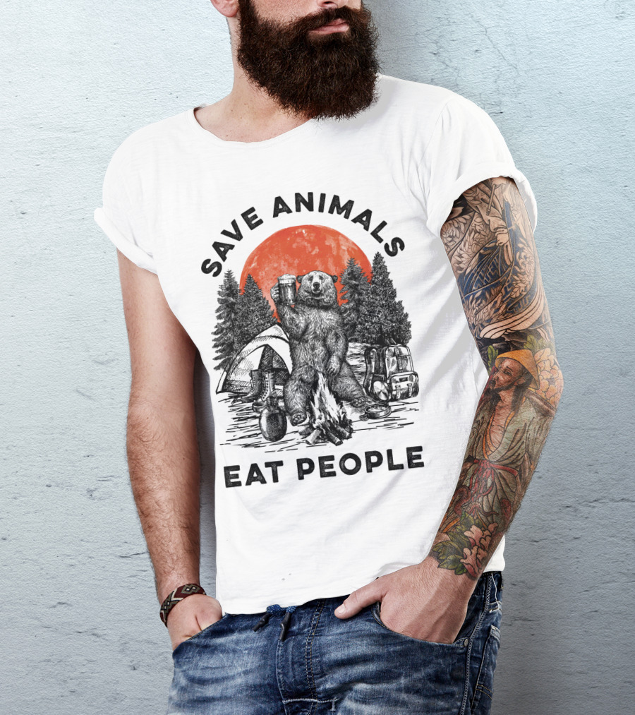 Save Animals Eat People Camping Bear Campfire Scene T-Shirt