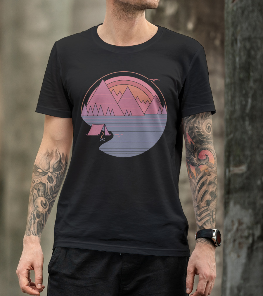 Camping Landscape With Mountains, Tent, Campfire, Sunset, And Bird In Circle T-Shirt