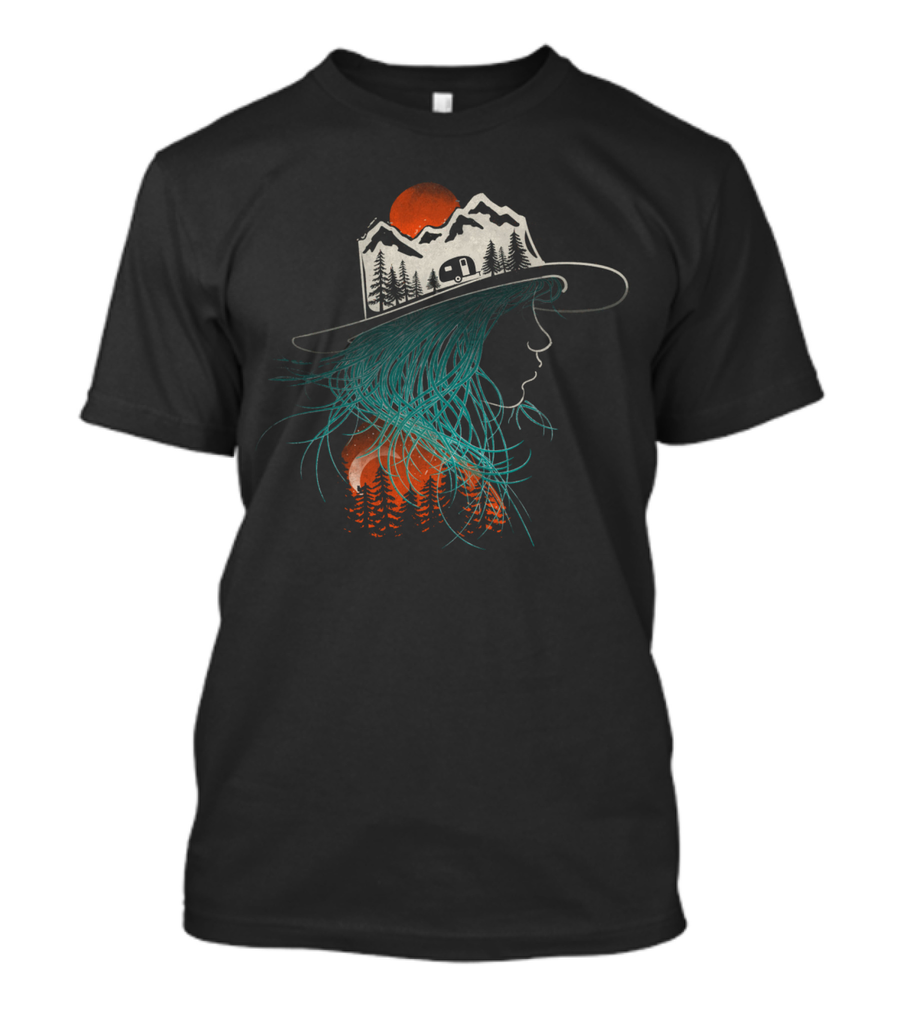 Camping Girl Mountain Hat Silhouette Forest Camper Scene T-Shirt