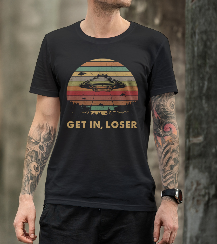 Get In Loser UFO Vintage Sunset Retro Stripes T-Shirt