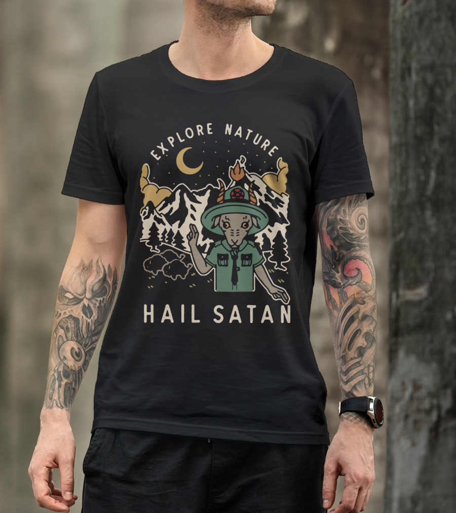 Explore Nature Hail Satan Moonlit Mountain Landscape Goat Character T-Shirt