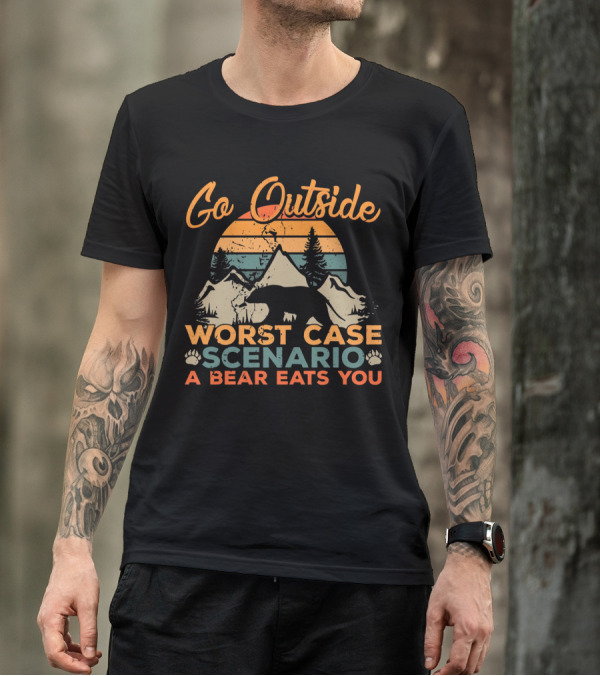 Go Outside Worst Case Scenario A Bear Eats You Retro Sunset Bear And Mountain T-Shirt