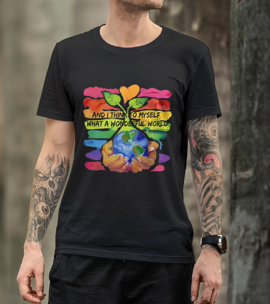 What A Wonderful World HP01 Hands Holding Earth Rainbow Stripes T-Shirt