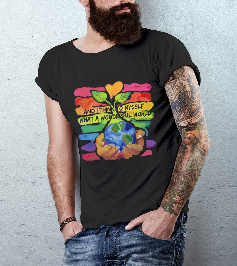 What A Wonderful World HP01 Hands Holding Earth Rainbow Stripes T-Shirt