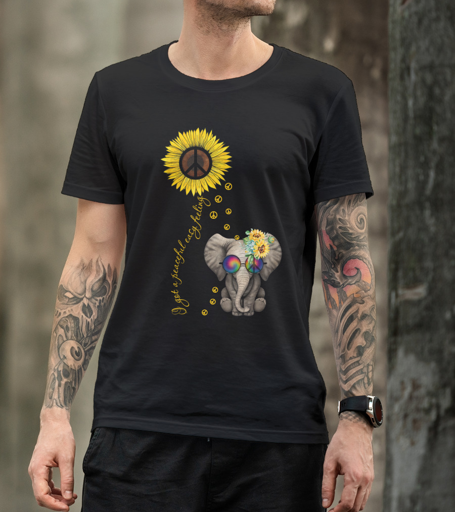 I Got A Peaceful Easy Feeling Elephant With Sunflower And Peace Symbols T-Shirt