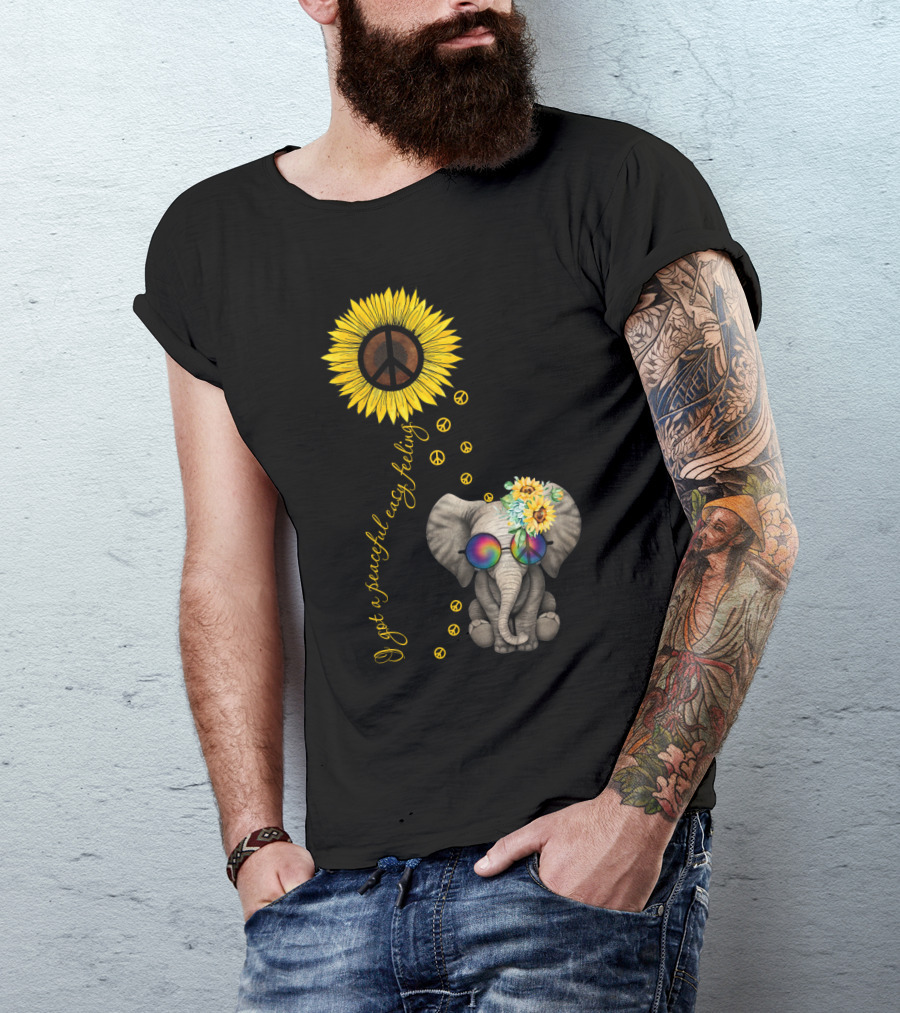 I Got A Peaceful Easy Feeling Elephant With Sunflower And Peace Symbols T-Shirt