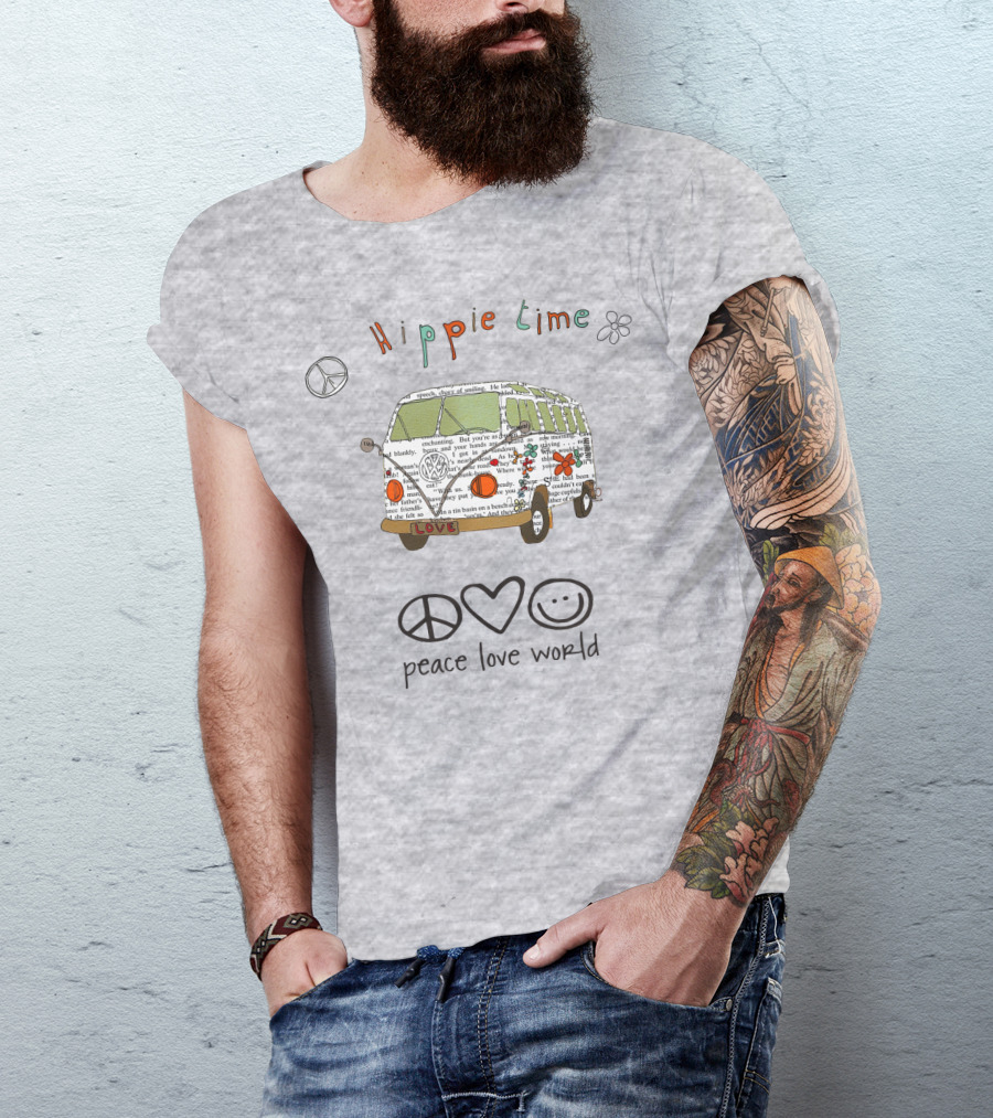 Hippie Time Peace Love World Retro Van Design With Symbols T-Shirt