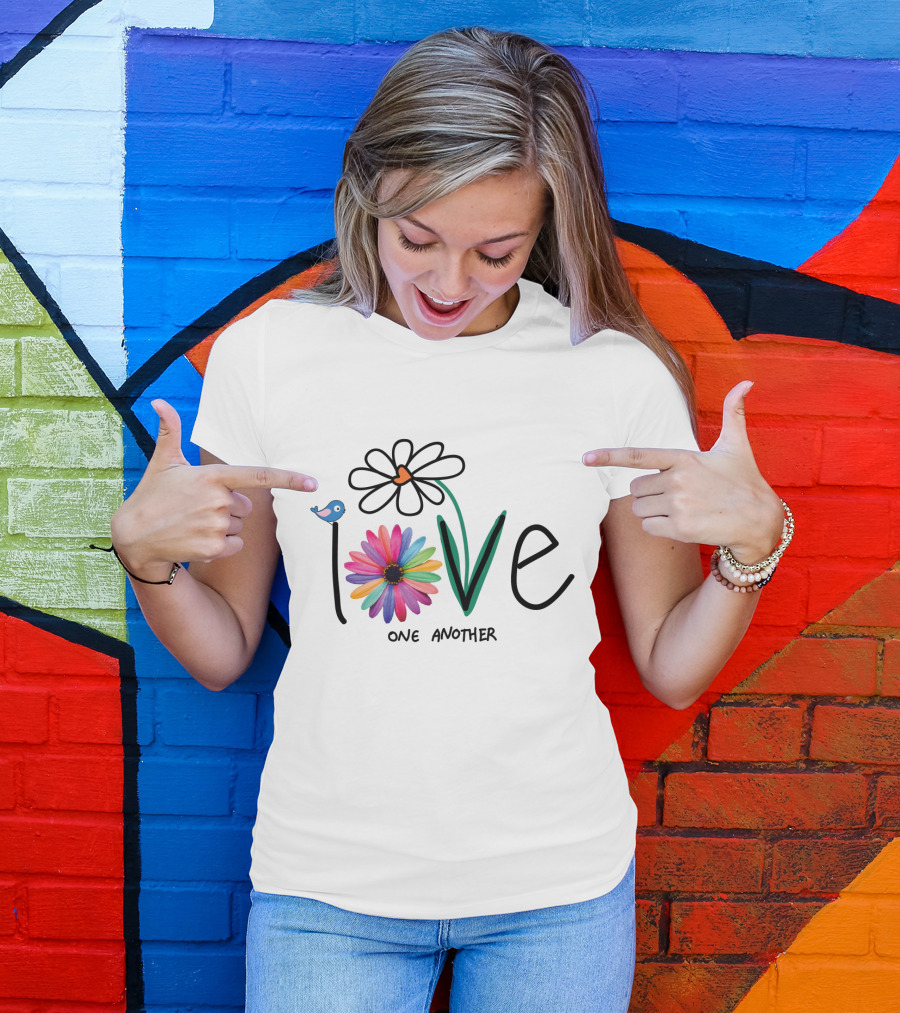 Love One Another Rainbow Flower Blue Bird T-Shirt